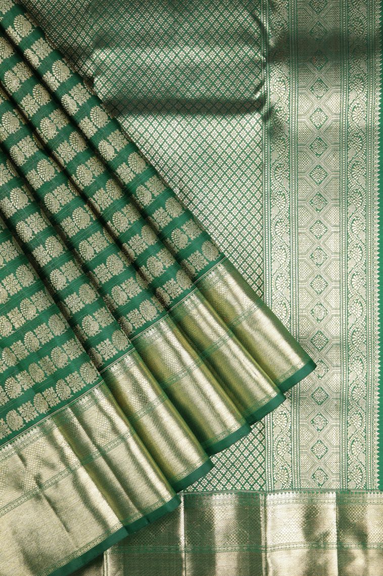 Basil Green Kanchipuram Silk Sarees with Gold Zari Buttis (small Dots Or Motifs) view 1