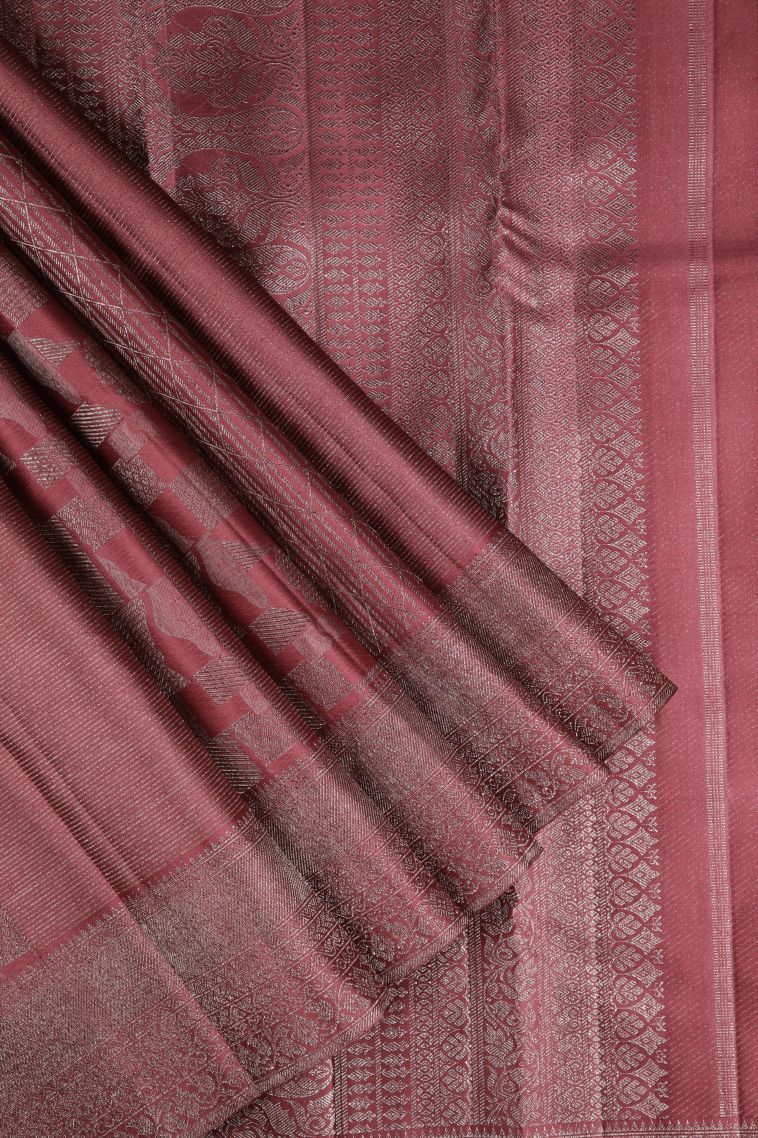 Blush Red Kanchipuram Silk Sarees with Bronze Zari Geometric Shapes view 1