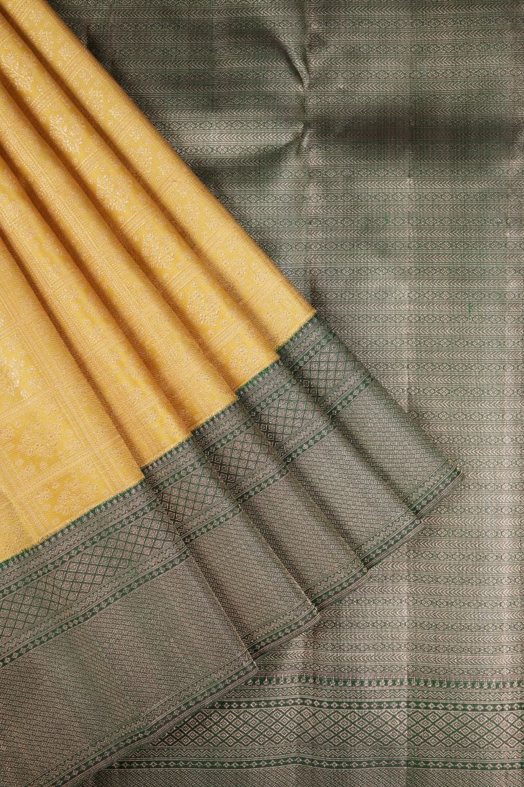 Gold Kanchipuram Silk Sarees with Gold Zari Floral Patterns view 1