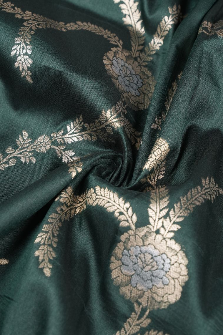Bottle Green Tussar Saree with Copper Zari Floral Patterns view 4