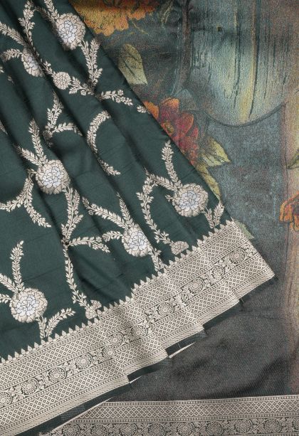 Bottle Green Tussar Saree with Copper Zari Floral Patterns
