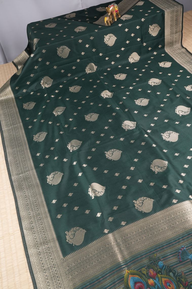 Bottle Green Tussar Saree with Copper Zari Buttis (small Dots Or Motifs) view 2