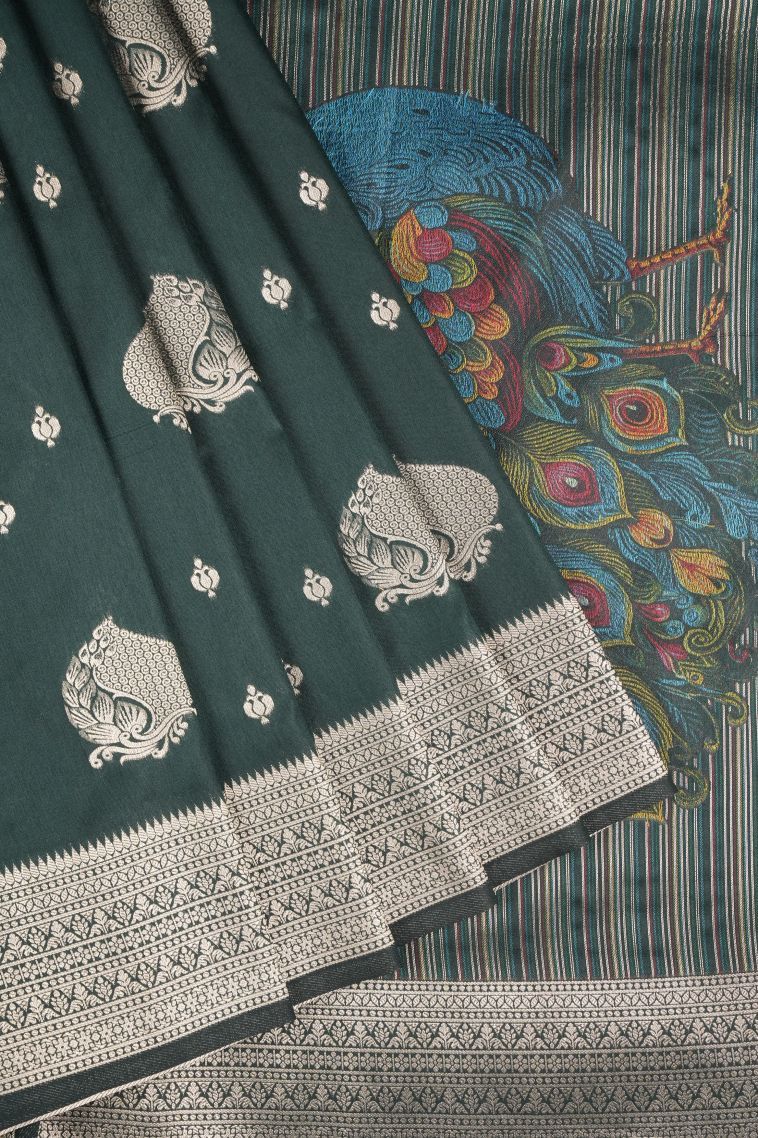 Bottle Green Tussar Saree with Copper Zari Buttis (small Dots Or Motifs) view 1