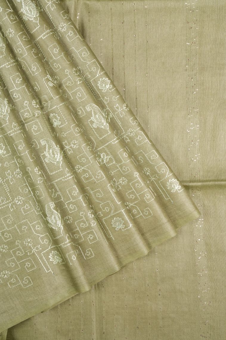 Olive Green Tussar Saree with Without Zari Zari Floral Patterns view 1