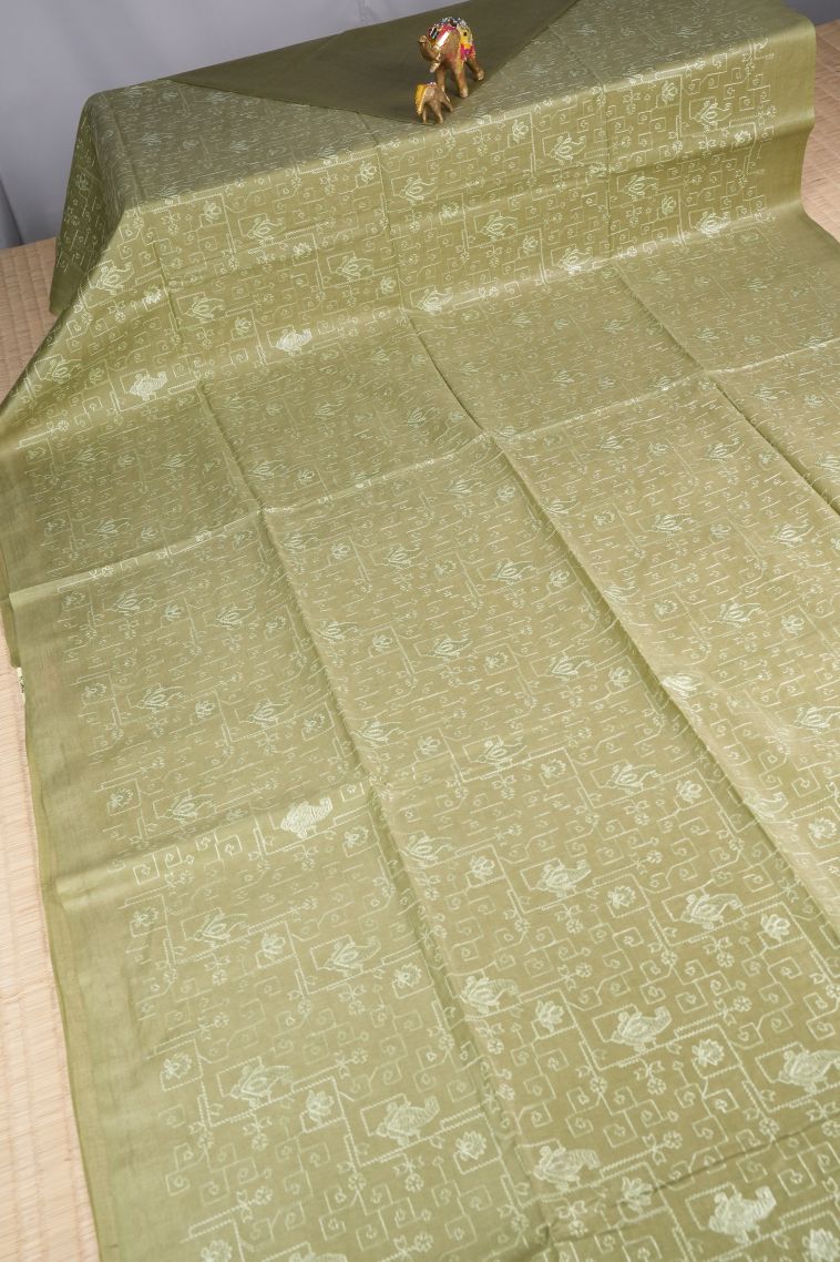 Olive Green Tussar Saree with Without Zari Zari Floral Patterns view 2