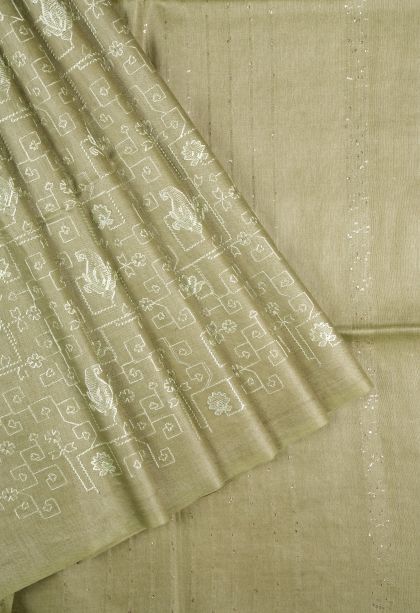 Olive Green Tussar Saree with Without Zari Zari Floral Patterns