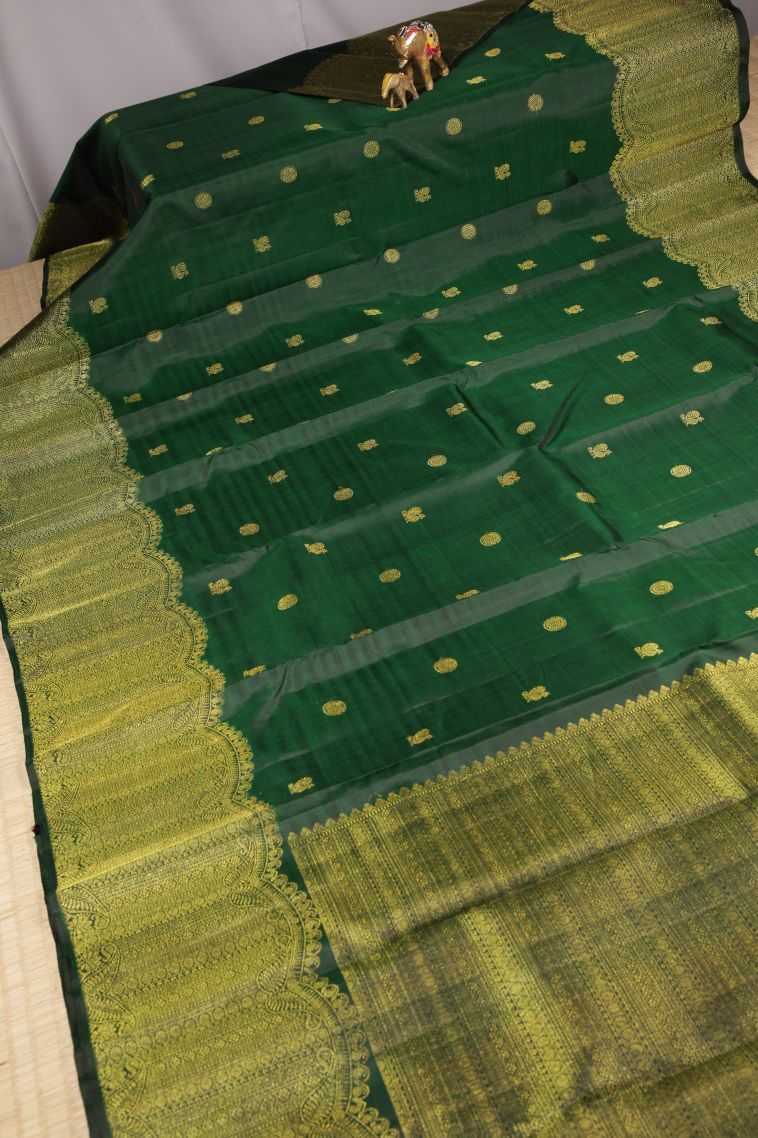 Basil Green Kanchipuram Silk Sarees with Gold Zari Buttis (small Dots Or Motifs) view 2