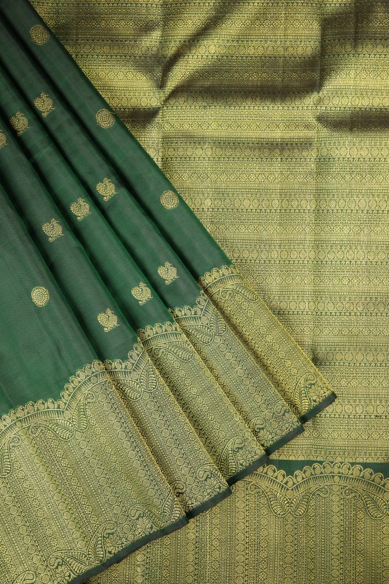Basil Green Kanchipuram Silk Sarees with Gold Zari Buttis (small Dots Or Motifs) view 1