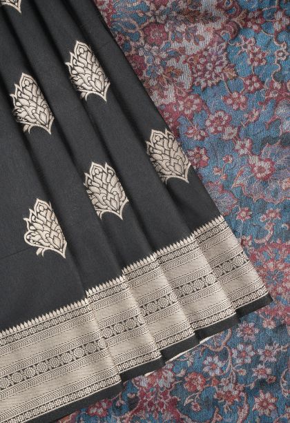 Asphalt Black Banaras Sarees with Copper Zari Buttis (small Dots Or Motifs)