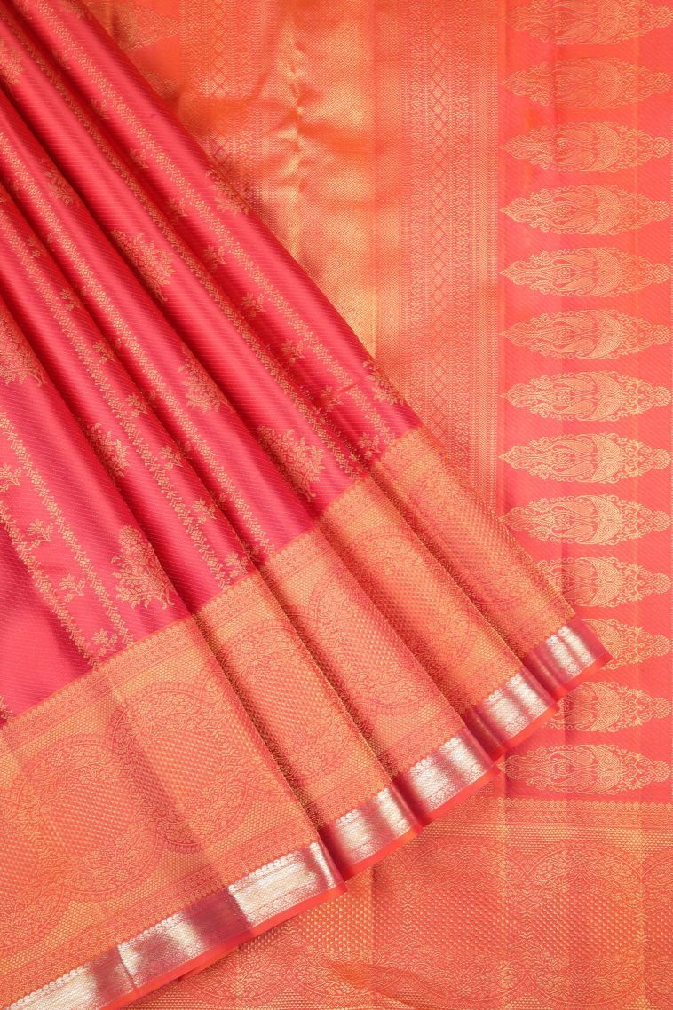 Rose  Red Kanchipuram Silk Sarees with Gold Zari Stripes view 1