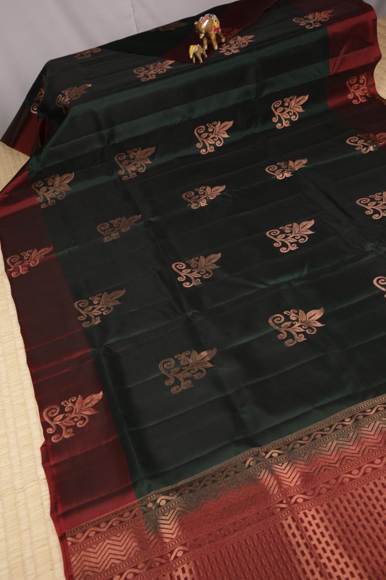 Bottle Green Soft Silk Saree with Copper Zari Buttis (small Dots Or Motifs) view 2