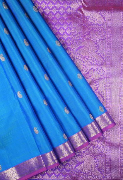 Peacock Blue Kanchipuram Silk Sarees with Gold Zari Buttis (small Dots Or Motifs)