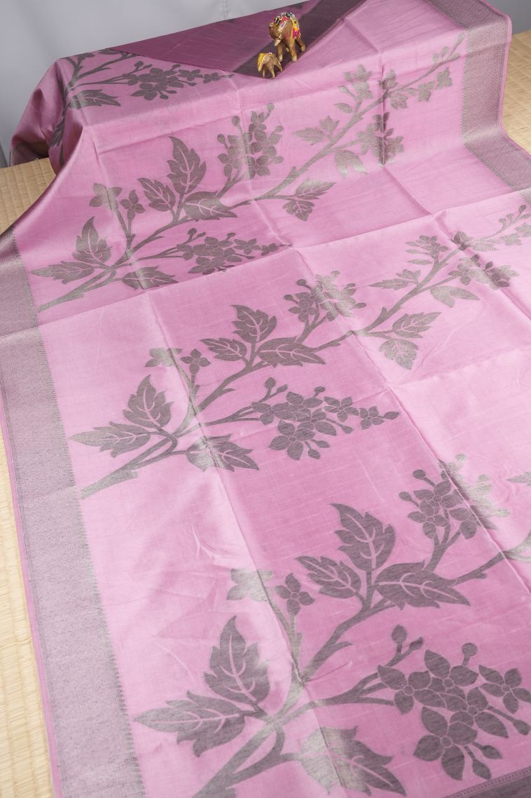 Ballet Pink Tussar Saree with Without Zari Zari Floral Patterns view 2