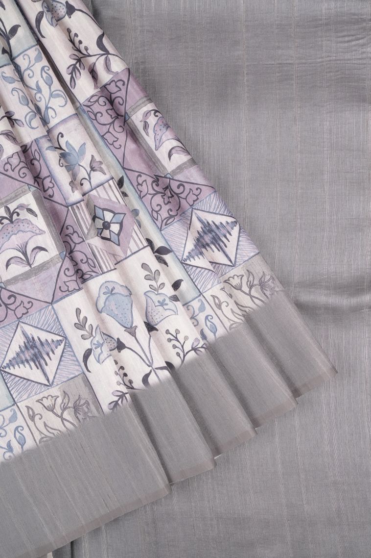 Pearl White Tussar Saree with Without Zari Zari Floral Patterns view 1