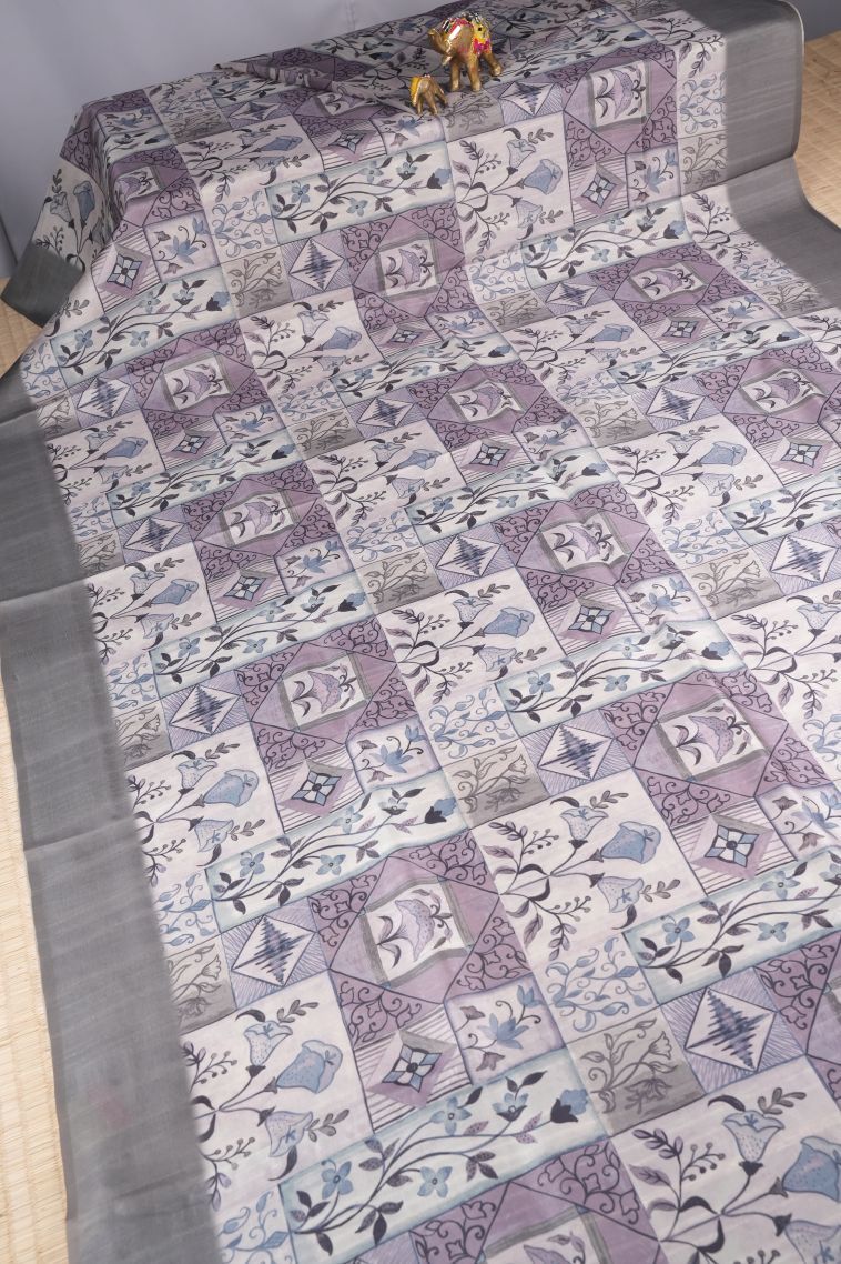 Pearl White Tussar Saree with Without Zari Zari Floral Patterns view 2