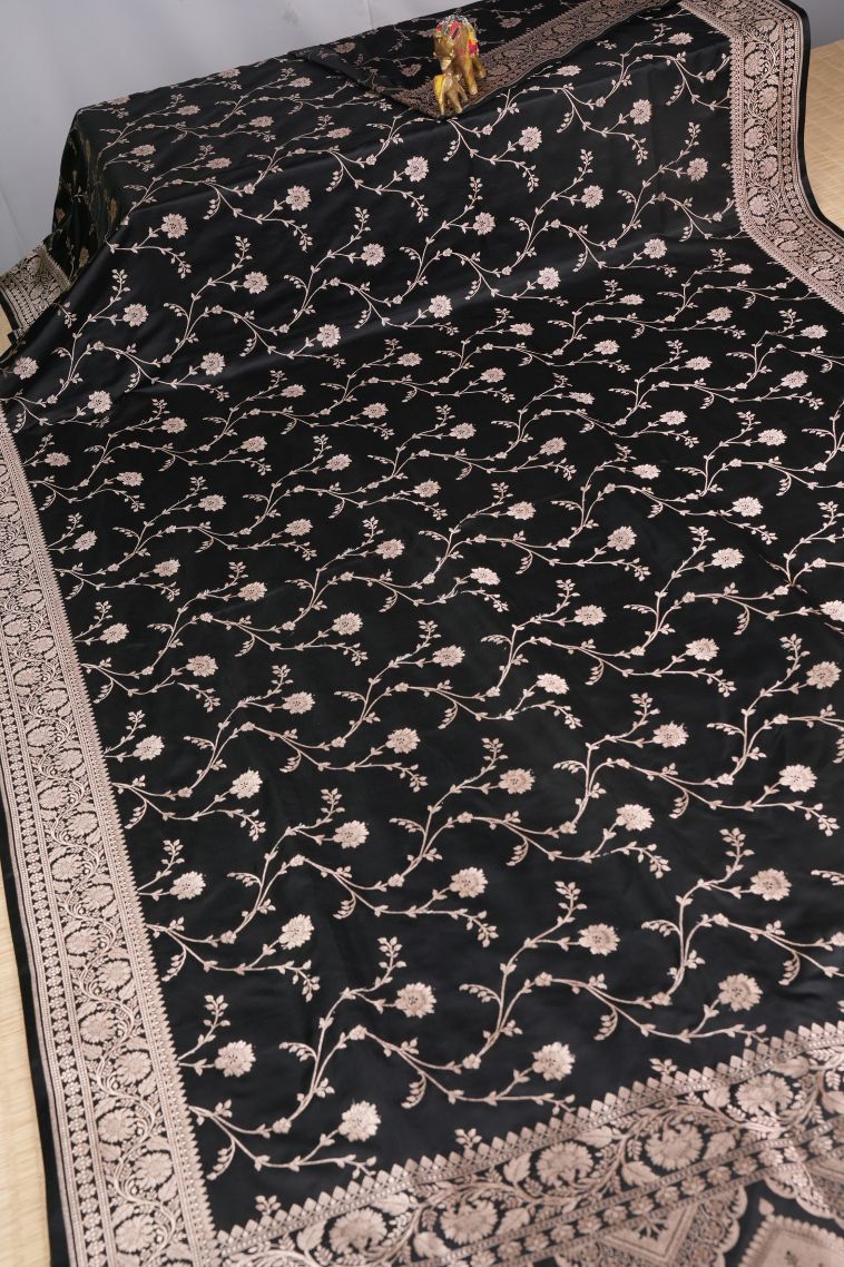 Asphalt Black Banaras Sarees with Gold Zari Floral Patterns view 2