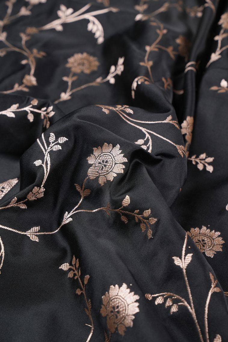 Asphalt Black Banaras Sarees with Gold Zari Floral Patterns view 4