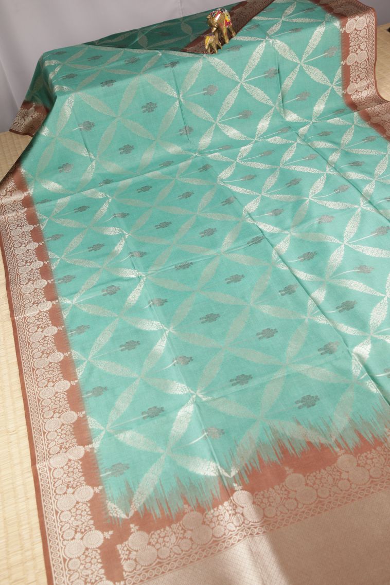Arctic Blue Tussar Saree with Silver Zari Floral Patterns view 2