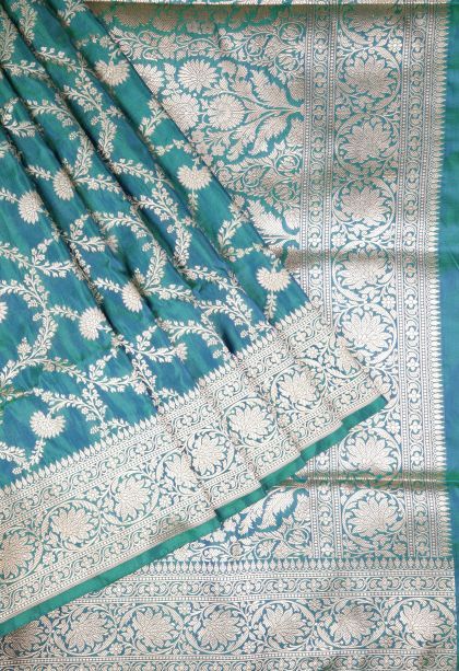Ocean Blue Banaras Silk Saree with Gold Zari Floral Patterns