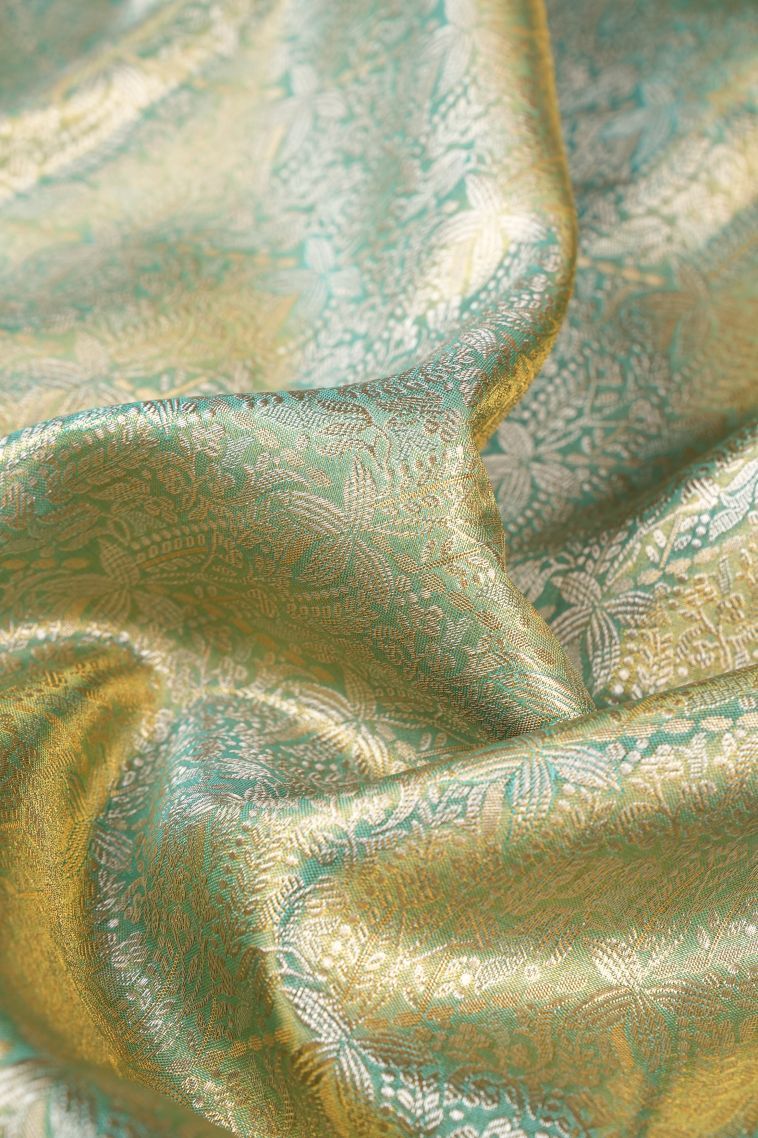 Arctic Blue Kanchipuram Silk Sarees with Gold Zari Floral Patterns view 4