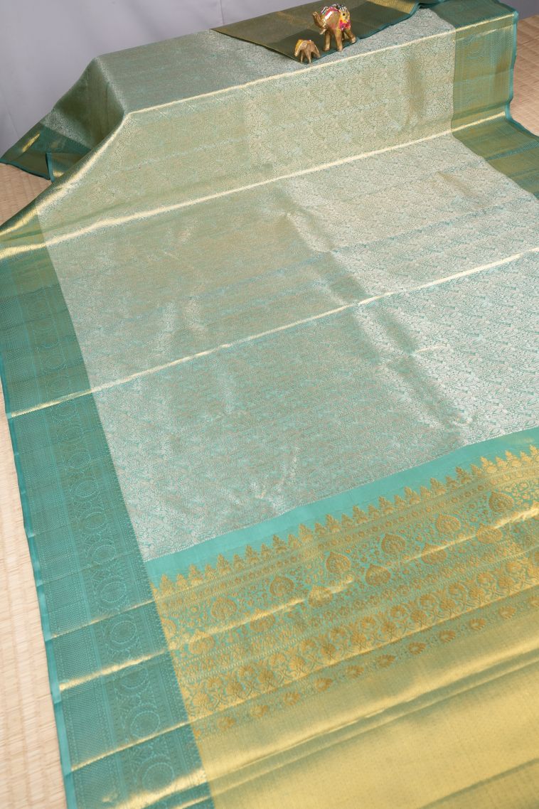 Arctic Blue Kanchipuram Silk Sarees with Gold Zari Floral Patterns view 2