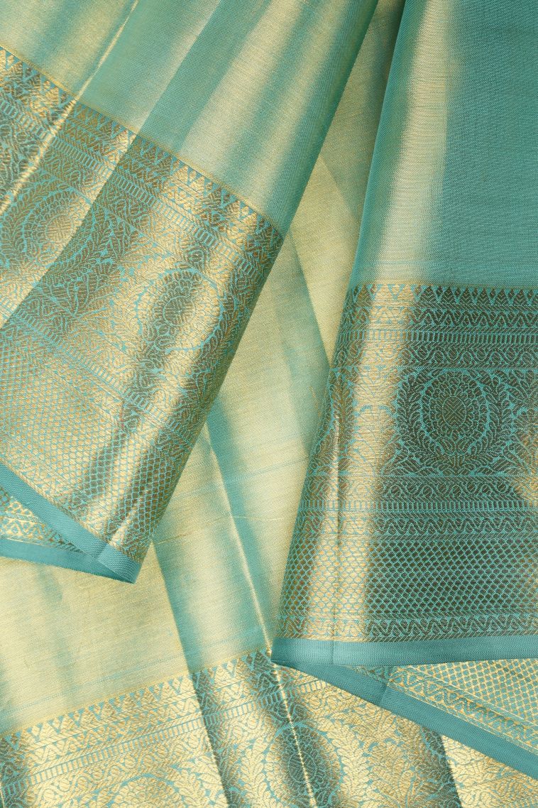 Arctic Blue Kanchipuram Silk Sarees with Gold Zari Floral Patterns view 3