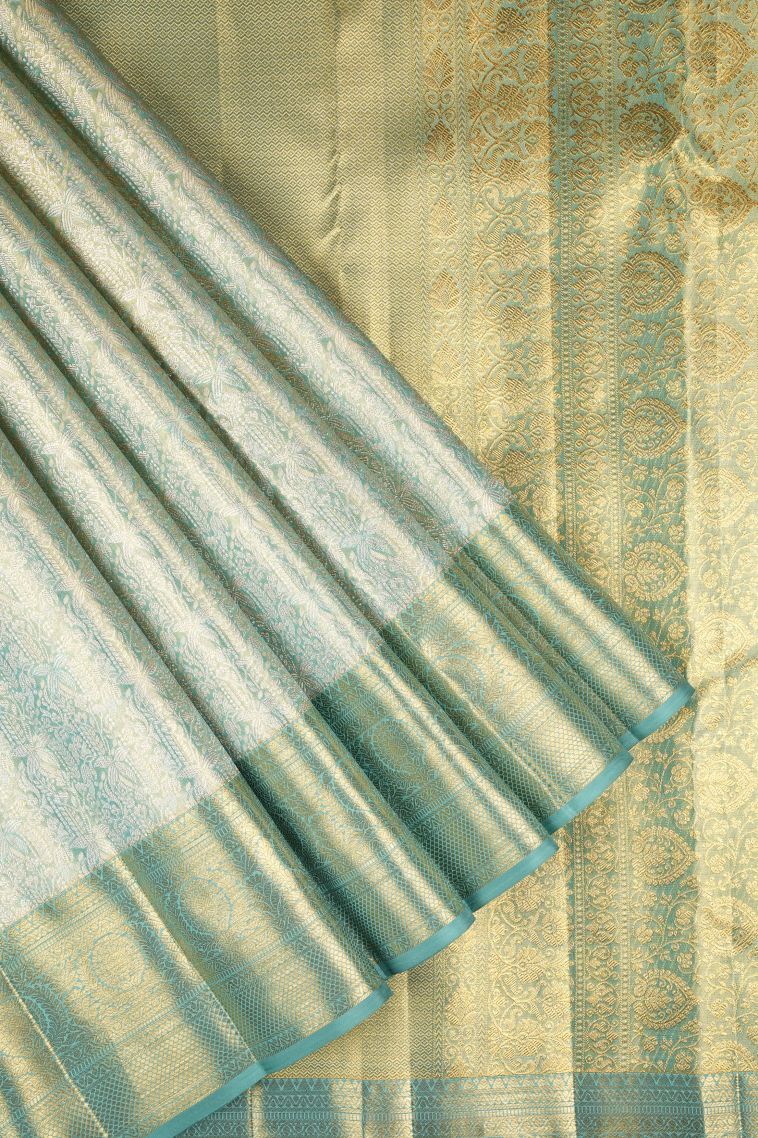 Arctic Blue Kanchipuram Silk Sarees with Gold Zari Floral Patterns view 1