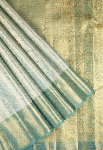 Arctic Blue Kanchipuram Silk Sarees with Gold Zari Floral Patterns