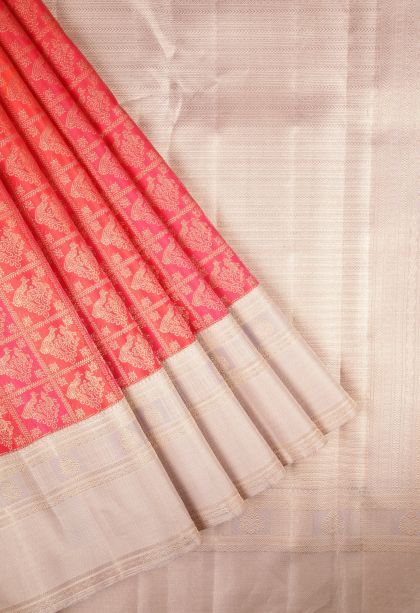Clay Orange Kanchipuram Silk Sarees with Gold Zari Peacock Motifs