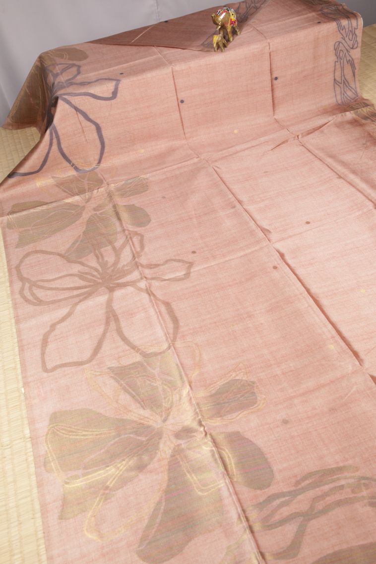 Peach Pink Tussar Saree with Without Zari Zari Floral Patterns view 2