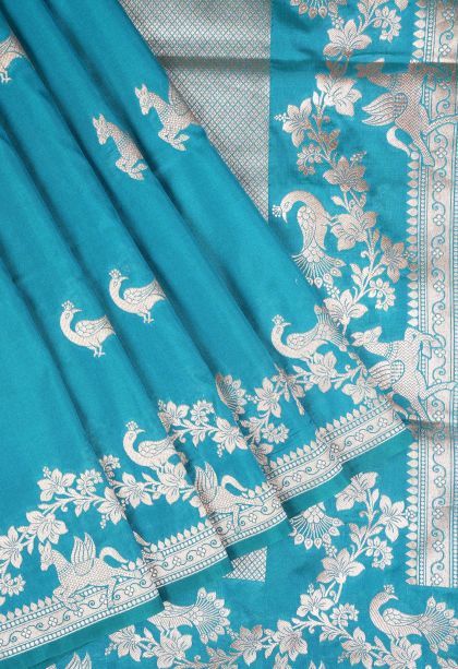 Cerulean Blue Banaras Sarees with Gold Zari Buttis (small Dots Or Motifs)