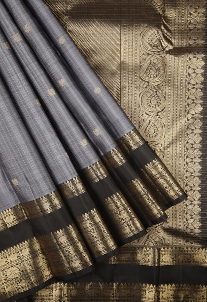 Granite Black Kanchipuram Silk Sarees with Gold Zari Checks