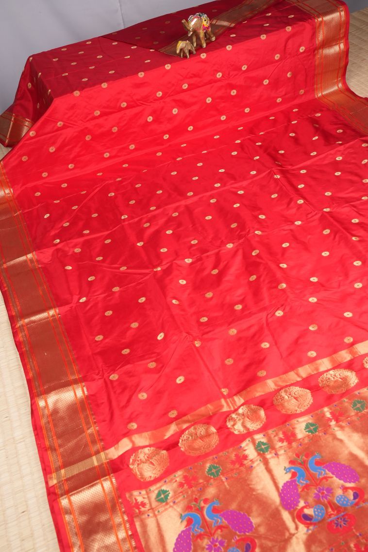 Candy Red Kanchipuram Silk Sarees with Gold Zari Buttis (small Dots Or Motifs) view 2