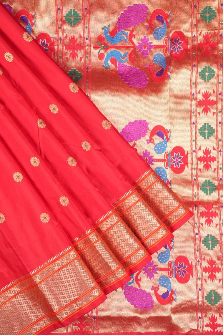 Candy Red Kanchipuram Silk Sarees with Gold Zari Buttis (small Dots Or Motifs) view 1