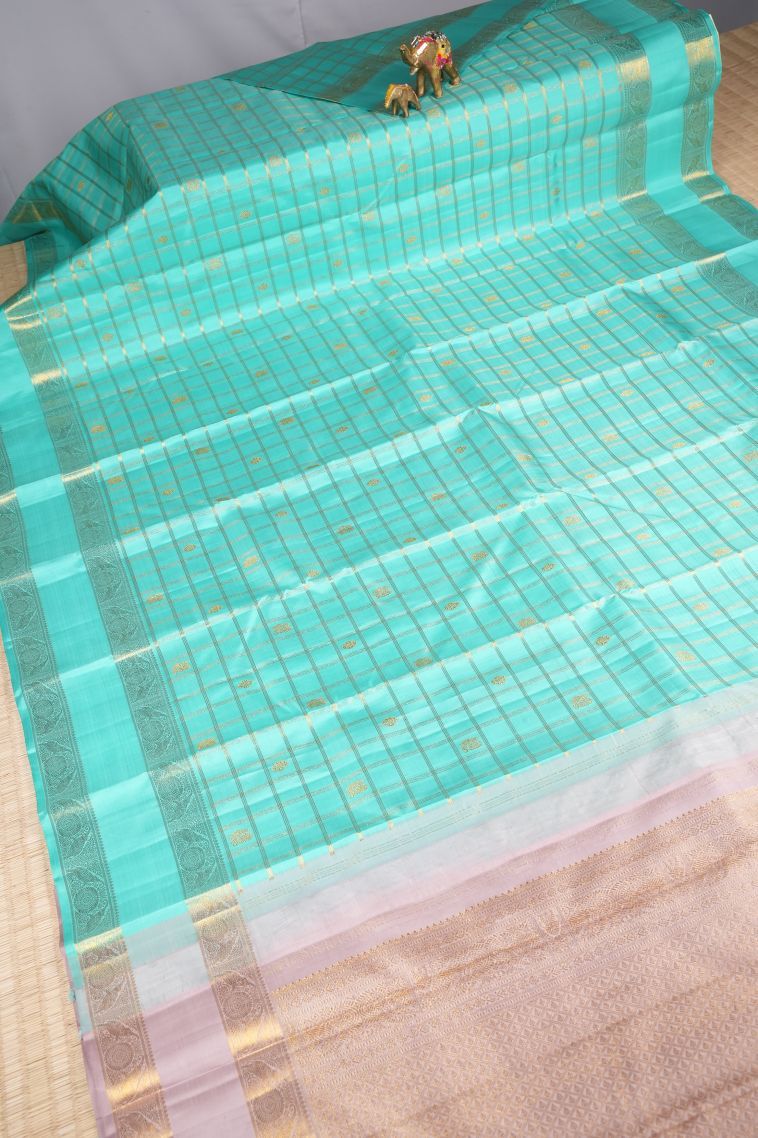 Arctic Blue Kanchipuram Silk Sarees with Gold Zari Checks view 2