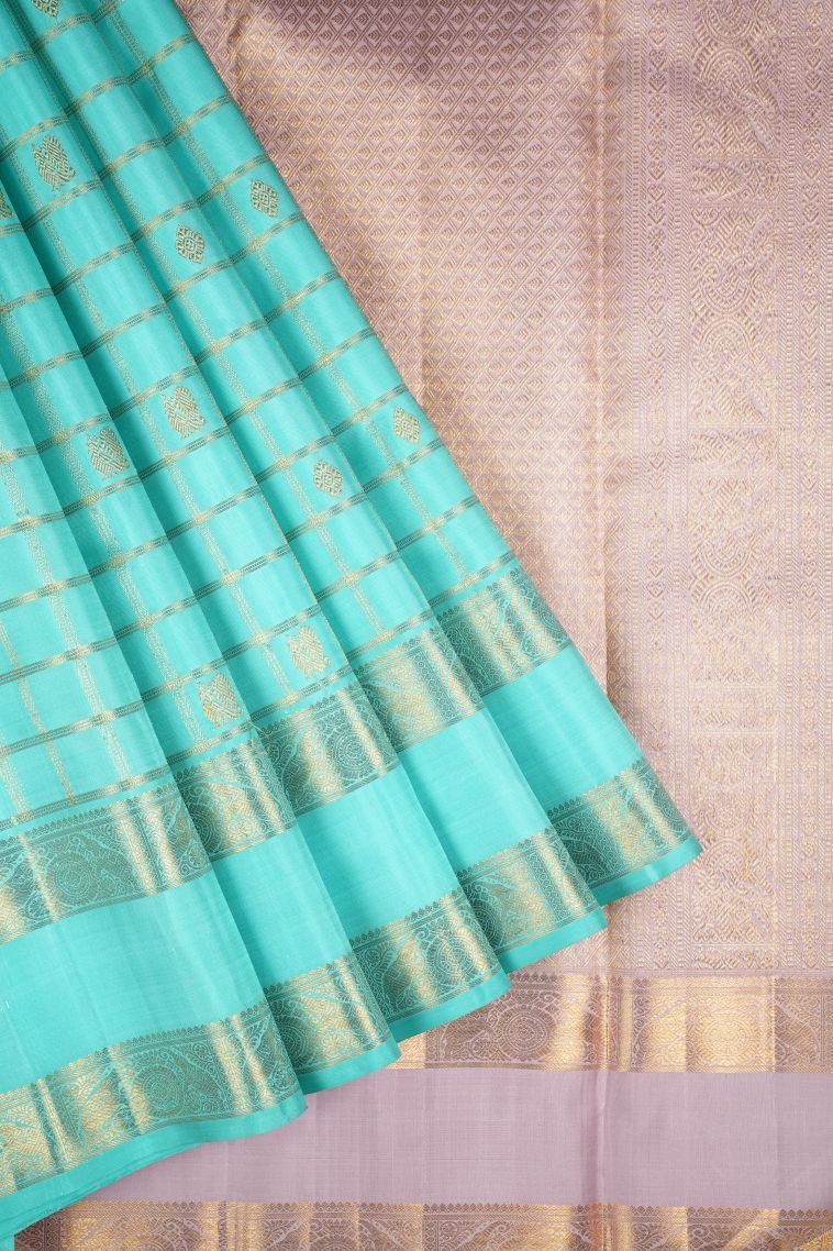 Arctic Blue Kanchipuram Silk Sarees with Gold Zari Checks view 1