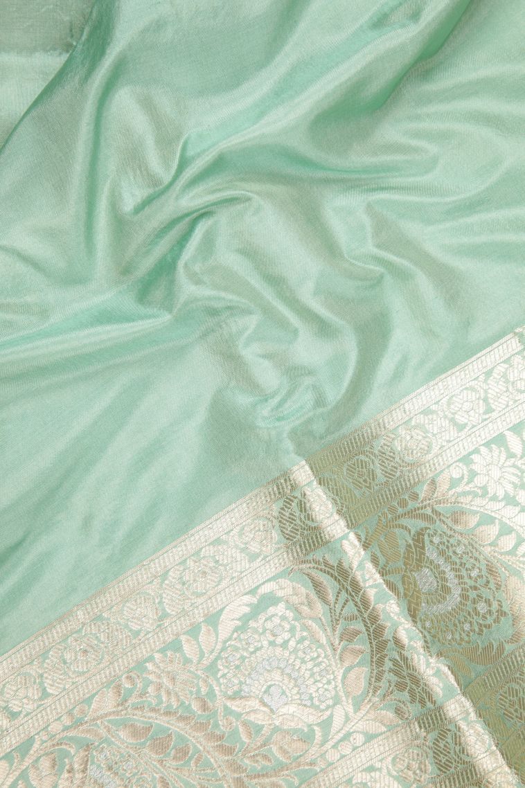 Pistachio Green Banaras Silk Saree with Gold Zari Floral Patterns view 3