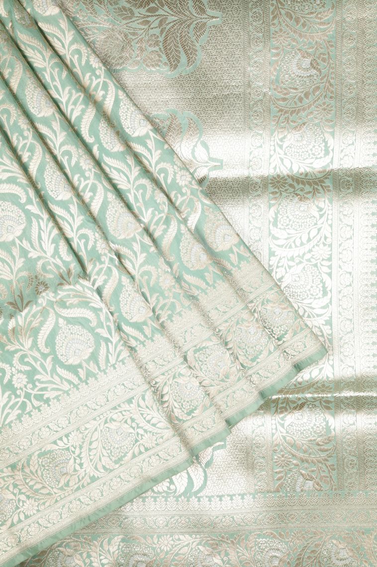 Pistachio Green Banaras Silk Saree with Gold Zari Floral Patterns view 1
