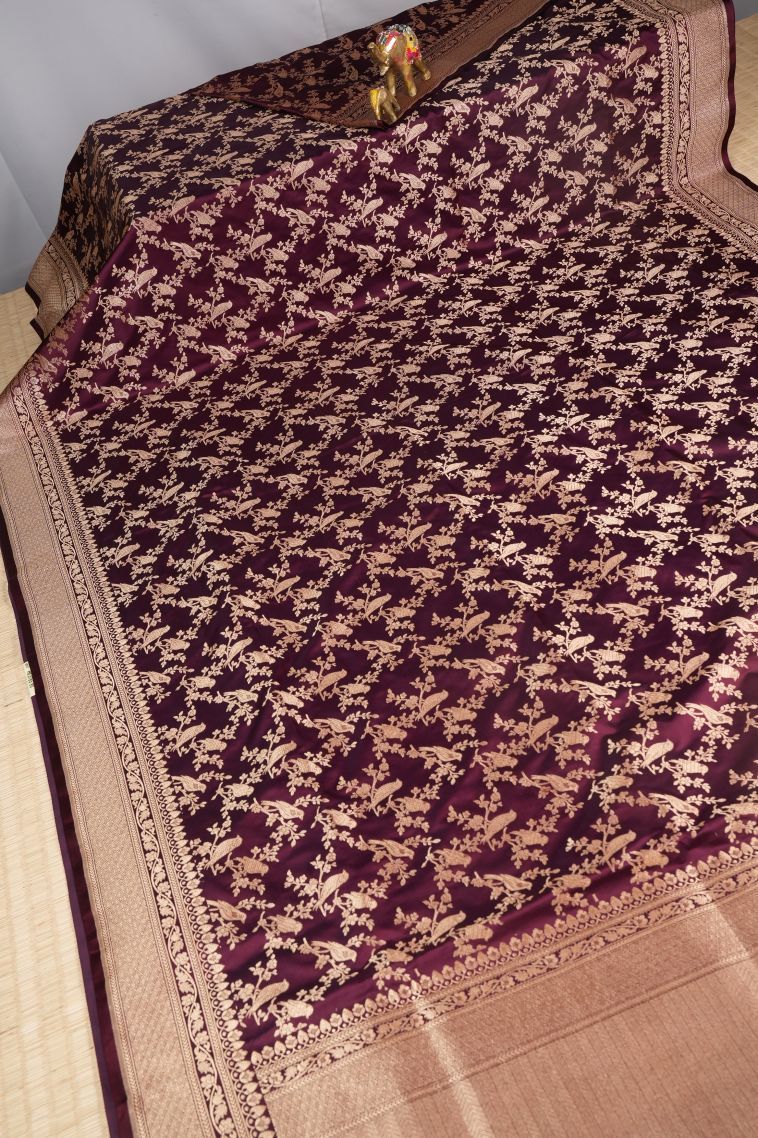 Magenta Purple Banaras Sarees with Gold Zari Floral Patterns view 2