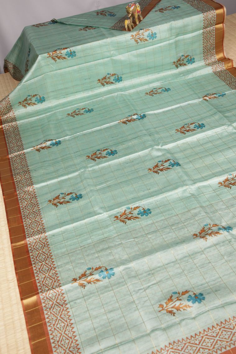 Arctic Blue Tussar Saree with Without Zari Zari Checks view 2