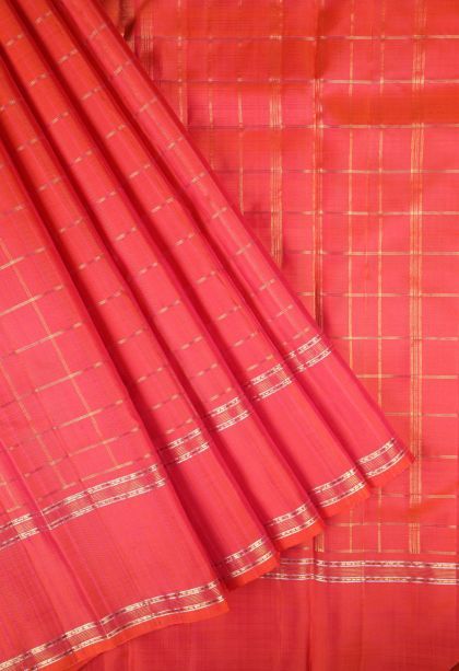 Strawberry Pink Kanchipuram Silk Sarees with Copper Zari Checks