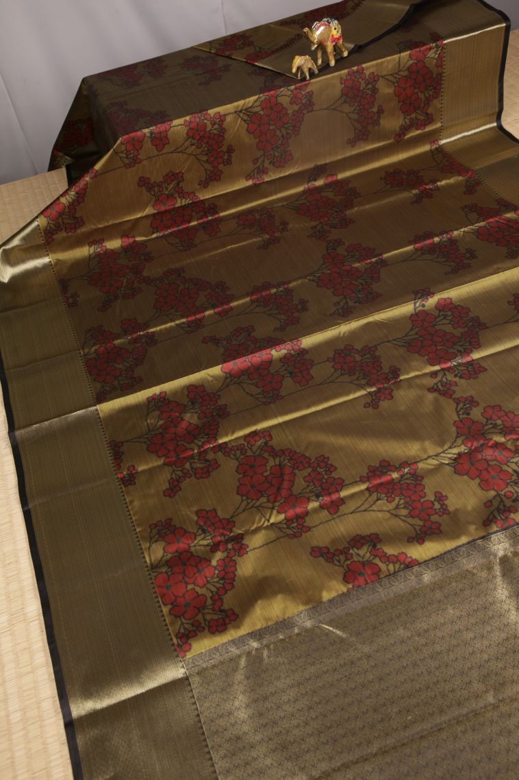 Olive Green Soft Silk Sarees with Without Zari Zari Floral Patterns view 2