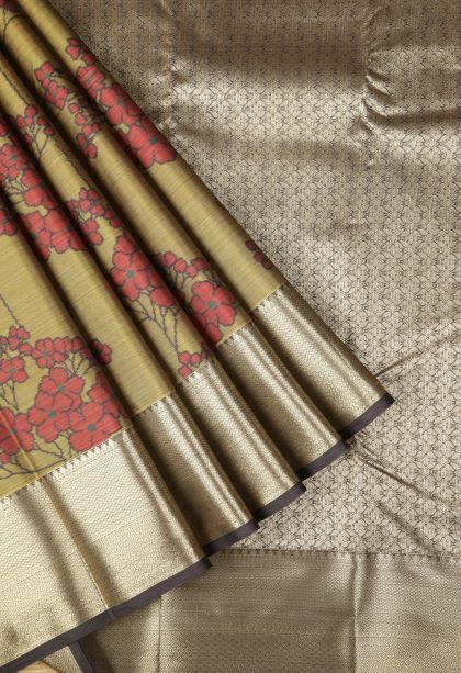 Olive Green Soft Silk Sarees with Without Zari Zari Floral Patterns