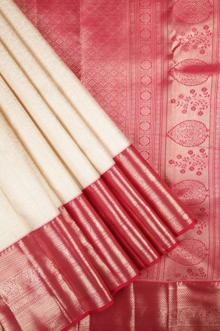 Porcelain White Kanchipuram Silk Sarees with Gold Zari Floral Patterns view 1