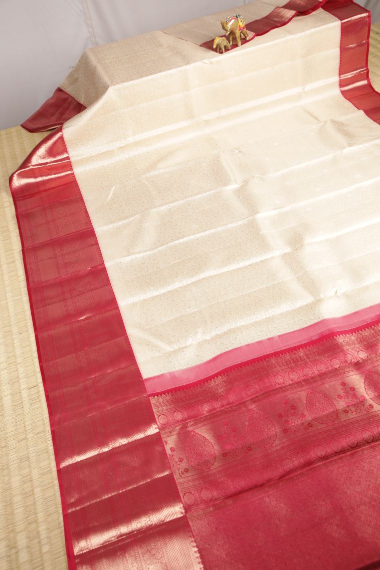 Porcelain White Kanchipuram Silk Sarees with Gold Zari Floral Patterns view 2