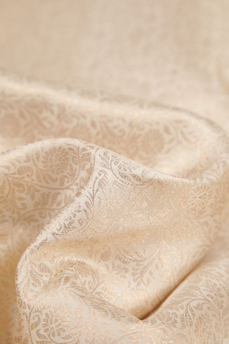 Porcelain White Kanchipuram Silk Sarees with Gold Zari Floral Patterns view 4