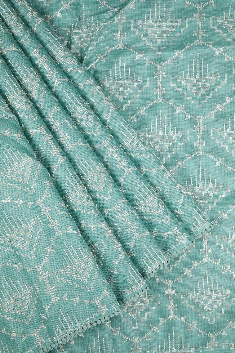 Peacock Blue Organza Saree with Without Zari Zari Geometric Shapes view 1