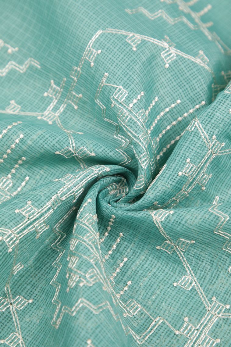 Peacock Blue Organza Saree with Without Zari Zari Geometric Shapes view 4