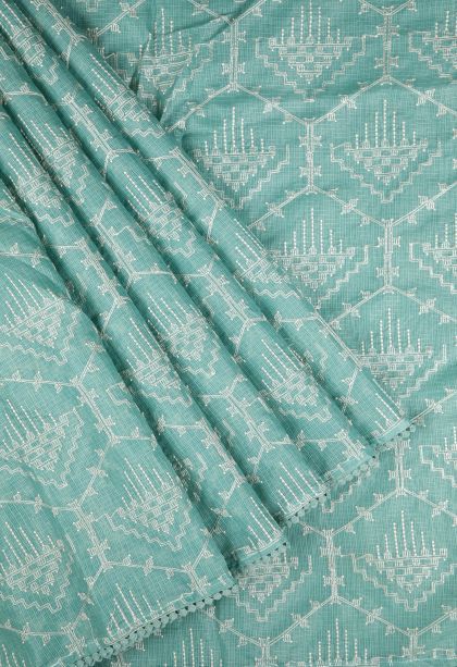 Peacock Blue Organza Saree with Without Zari Zari Geometric Shapes