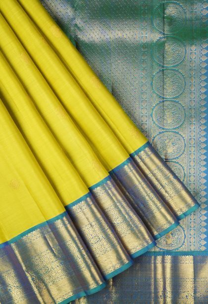 Chartreuse Green Kanchipuram Silk Sarees with Gold Zari Buttis (small Dots Or Motifs)